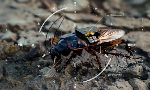 A digital illustration released by Swarm Biotactics shows what they describe as a cyborg cockroach, equipped with a specialized backpack that enables real-time data collection via cameras. SWARM Biotactics/Handout via REUTERS