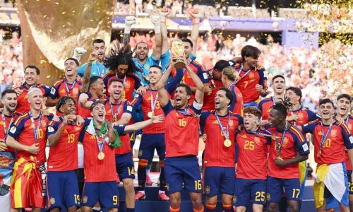 EAST RUTHERFORD, NEW JERSEY - JULY 19: Rodri #16 of Spain lifts the FIFA World Cup Winner’s Trophy after the team’s victory following the FIFA World Cup 2026 Final match between Spain and Argentina at New York New Jersey Stadium on July 19, 2026 in East Rutherford, New Jersey. (Photo by David Ramos/Getty Images)